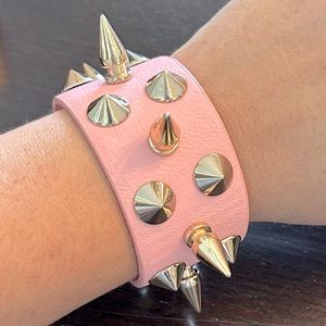 “Rocker Barbie” Pink leather gold spike bracelet